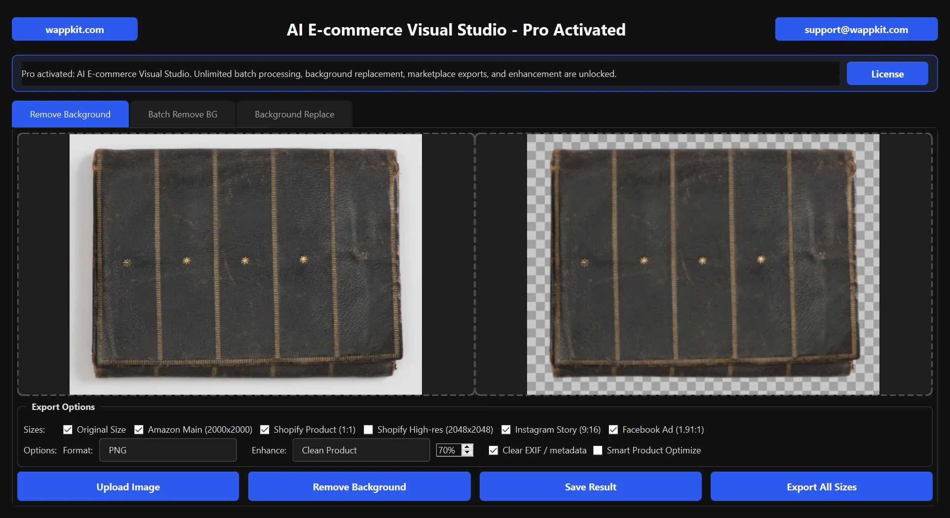AI E-commerce Visual Studio: Remove background and preview transparent output