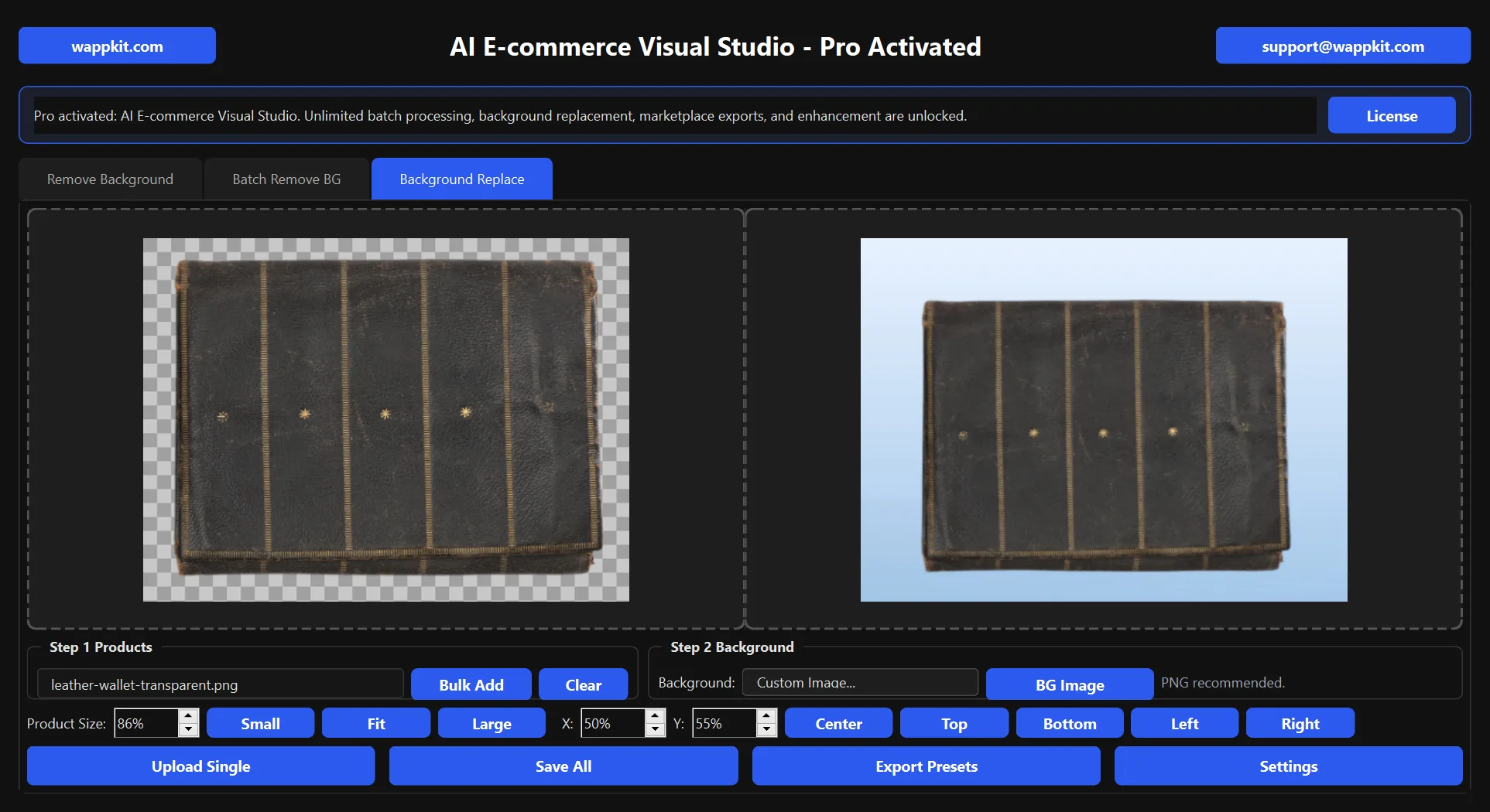 AI E-commerce Visual Studio: Replace background with product scale and position controls