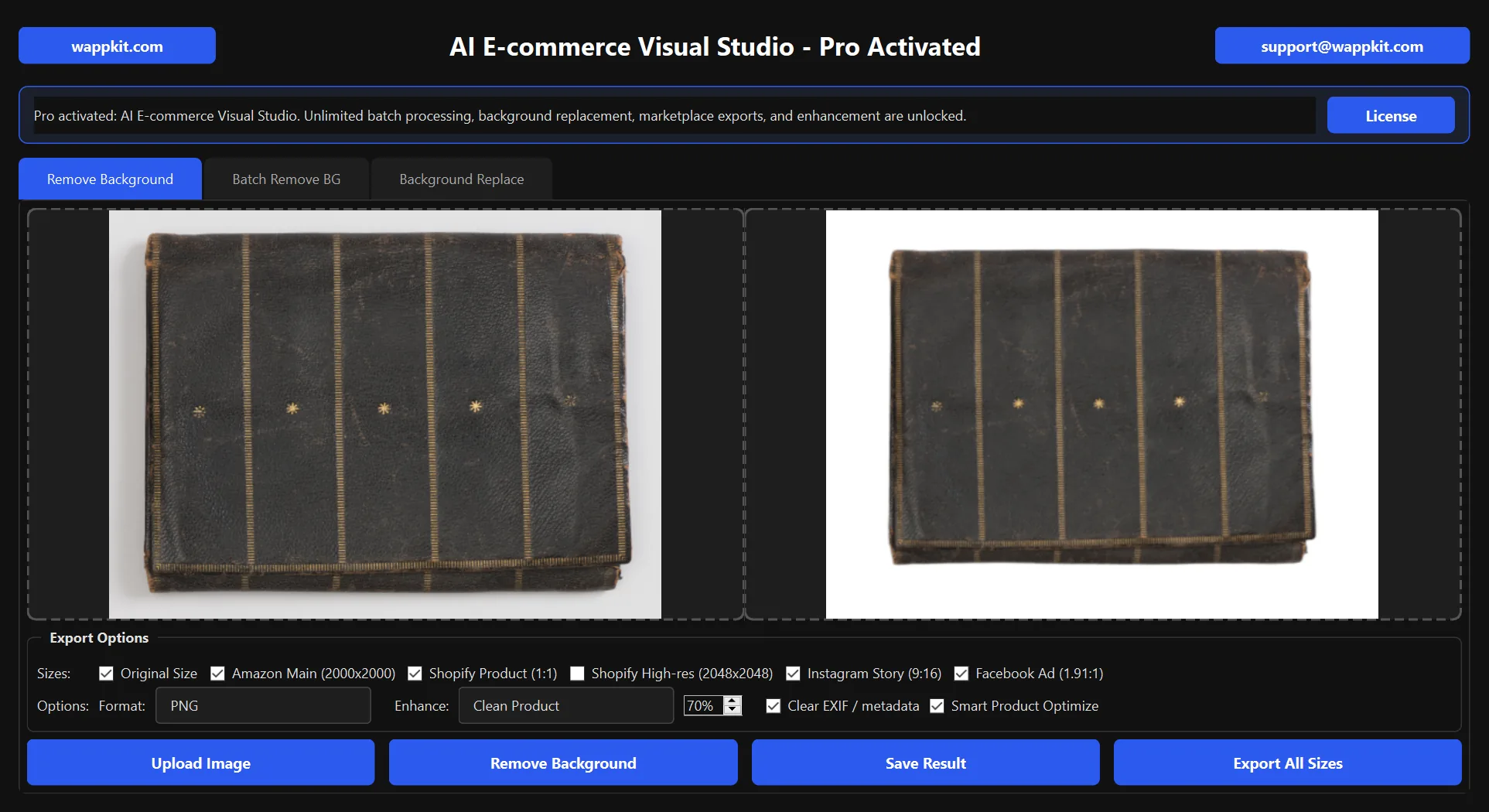 AI E-commerce Visual Studio: Export marketplace and social sizes with cleanup options